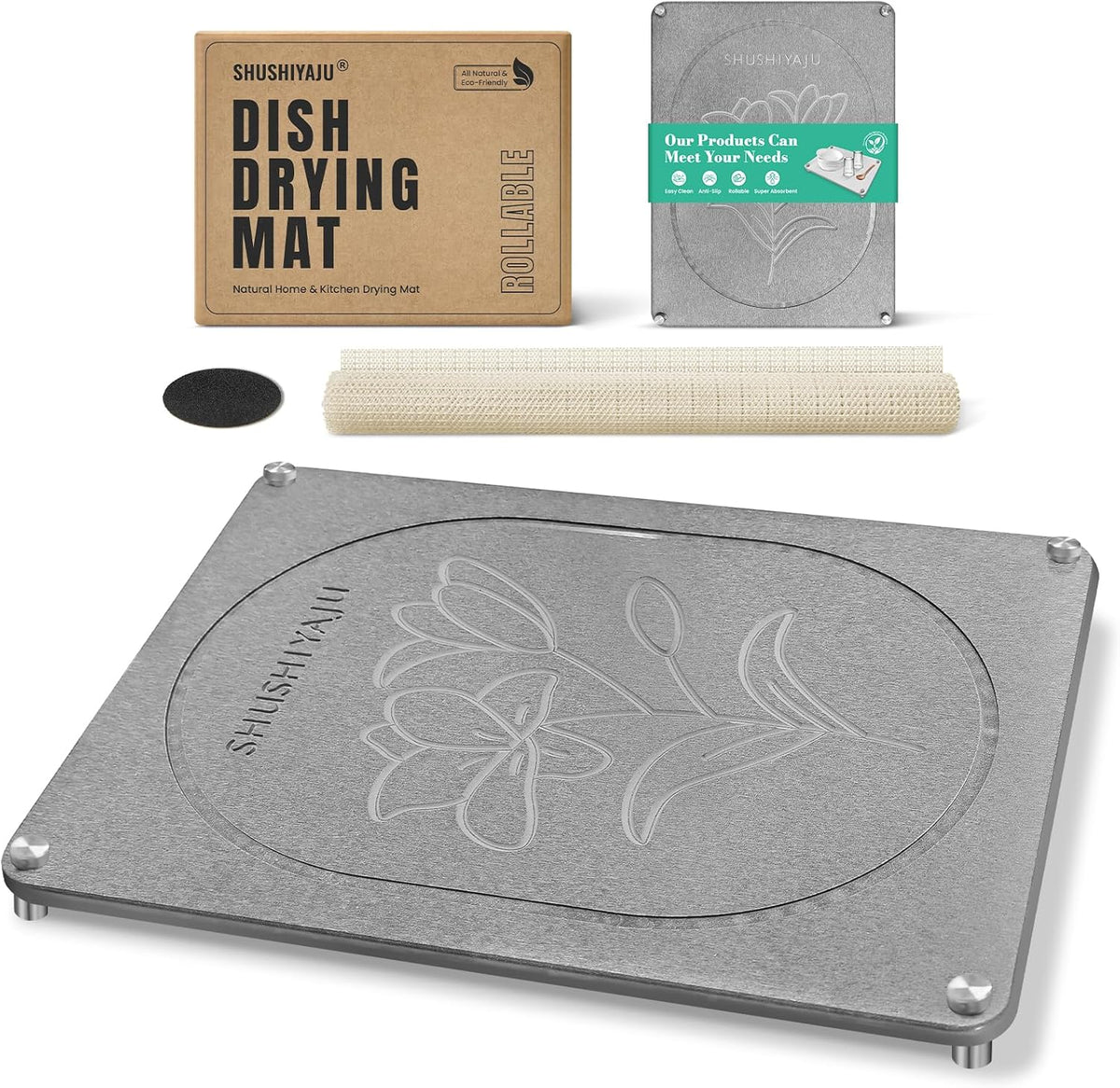 Stone Drying Mat For Kitchen Counter Superb Absorbent Diatomaceous Earth Mats with Non-Slip Feet Quick Dry Stone Dish Drying Pad Dish Pad Multi-Purpose(Floral-MediumGray, 15.7" x 11.8")