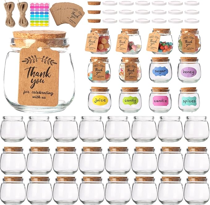 AIXIANG Glass Favor Jars with Cork Lid and Seal Cap,40 Pack 7 oz Small Glass Bottles for Wedding Favor,Baby Shower,Party Favor,Gift Jars, Candy, Spices, with Twine, Labels, Decorative Jars
