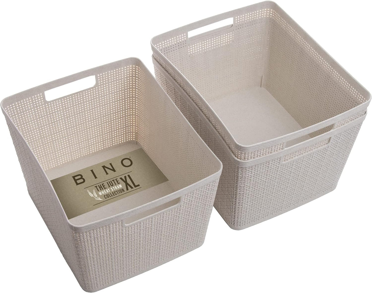BINO Woven Plastic Basket | Large (Natural), 3-Pack | THE JUTE COLLECTION | Home Organization, Space-Saving Storage, Stylish Design | Plastic Storage Basket