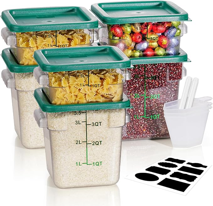 2QT4QT NSF Food Storage Containers: 6PCS [Food Grade][Hot&Cold Resistant] Commercial Clear Food Storage Containers with Lids for Restaurant Kitchen Proof Dough, Measuring Spoons Included(GREEN)