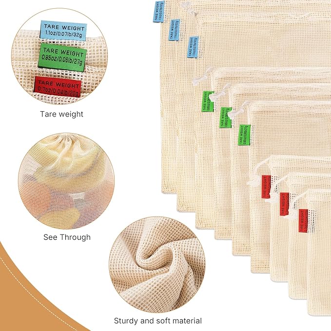 Ycsst 9 Pack Reusable Produce Bags, Cotton Mesh Vegetable & Fruit Bags for Grocery Shopping, Washable Eco Friendly Produce Storage, Reusable Grocery Bags Set (3 Sizes)