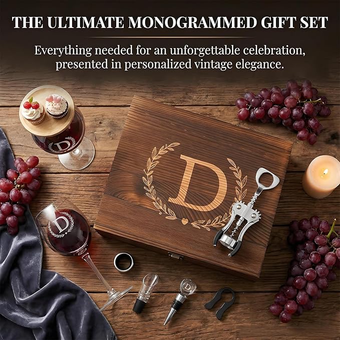 GZLDGIFTS Personalized Initial Wine Glasses Box Gift Set For Women Mom Engraved Birthday Monogrammed Wooden Christmas Gifts Wedding Anniversary Wine Couples Stopper Opener Initial Letterr (H Set)