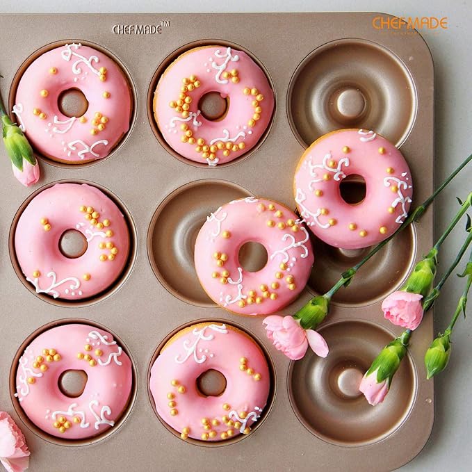 CHEFMADE Donut Mold Cake Pan, 12-Cavity Non-Stick Ring Doughnut Bakeware for Oven Baking (Champagne Gold)