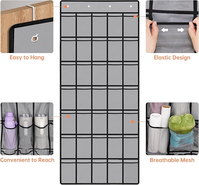 NiHome Multi-Functional 35 Pockets Door Hanging Organizer for Stanley Tumbler in Kitchen, Pantry, Bathroom, Large Capacity Elastic Mesh Secure Storage Water Bottle Cup Holder, Foldable for Home (Gray)