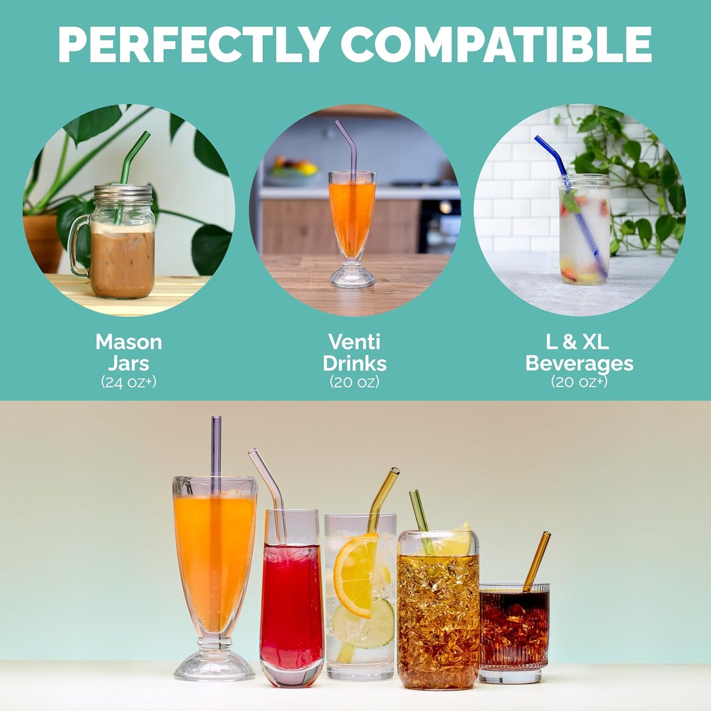 Simply Straws 10 Inch Glass Straws Straight (6-Pack) – Reusable Glass Straws for 24 Oz Mason Jars & Tumblers, with Cleaning Brush – Durable, Dishwasher Safe, Hot & Cold Use, BPA-Free (Meadow)