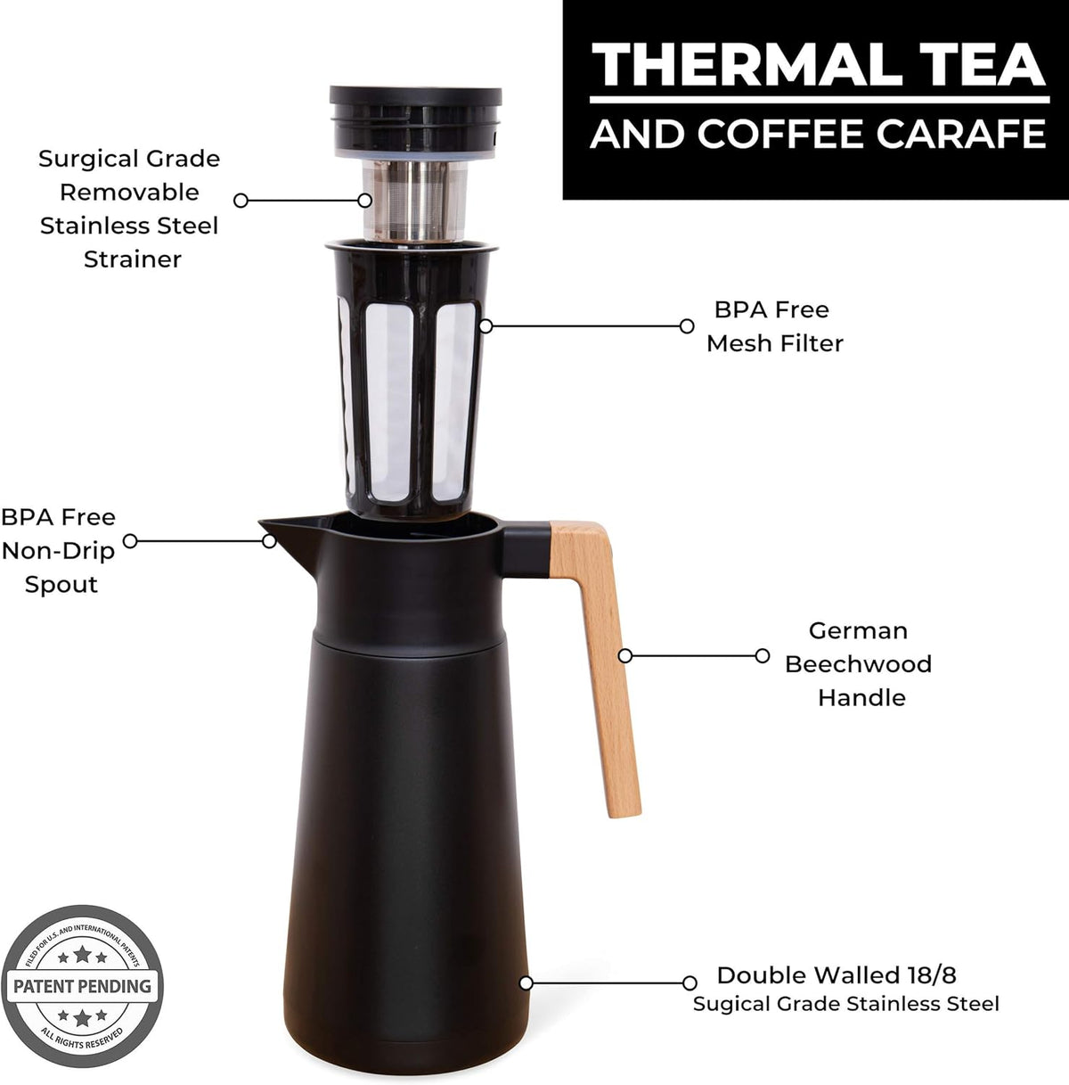 Hastings Collective Thermal Coffee Carafe 68 Oz - Large Stainless Steel Insulated Carafe - 2 Liter Double Walled Vacuum Thermos Coffee and Beverage Dispenser with Tea Infuser and Strainer (Black)