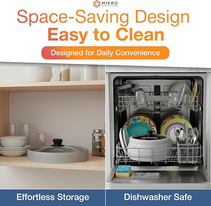 Mikro Innovations Glass & Silicone Microwave Splatter Cover – Tall and Collapsible Design that fits 6-10.5in Plates and Bowls - Space Saving, BPA Free & Dishwasher Safe (1, Gray, large)
