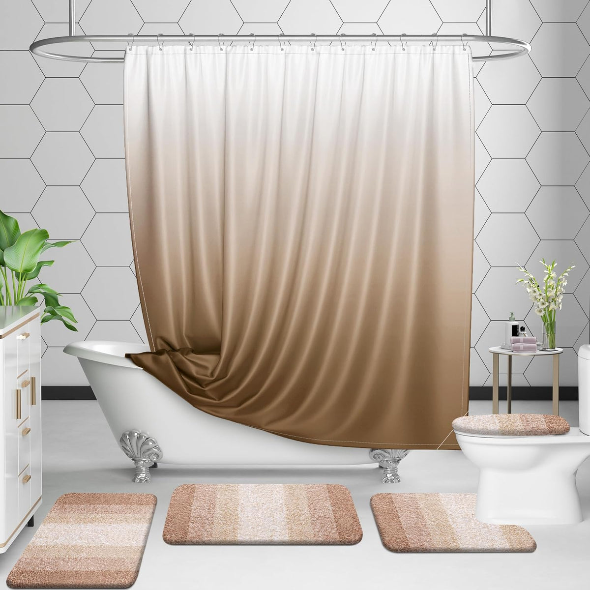 OLANLY Luxury Toilet Rugs U-Shaped 24x20, Extra Soft and Absorbent Microfiber Bathroom Rugs, Non-Slip Plush Shaggy Bath Mat, Machine Wash Dry, Contour Bathroom Mats for Toilet Base, Beige