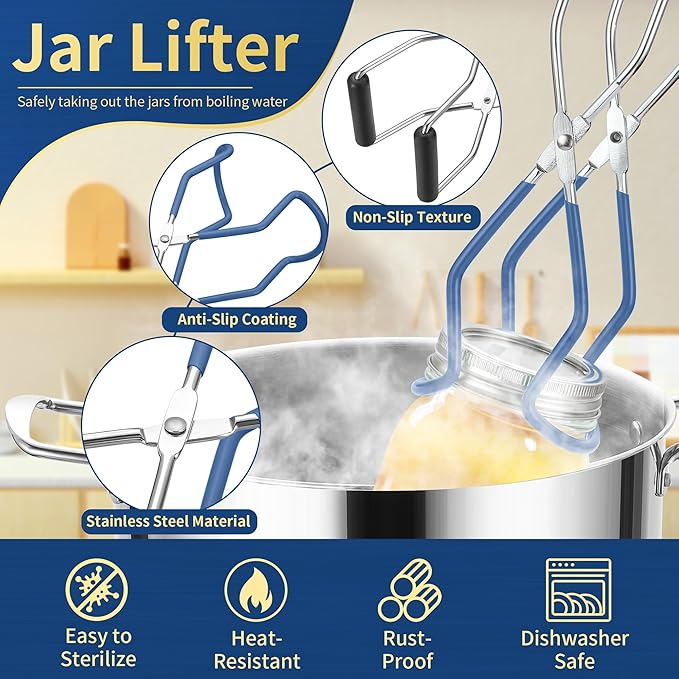 Canning Supplies Starter Kit,Canning Kit for Beginners of 9 with Jar Lifter，Wide Mouth Funnel,Wrench,Tongs,Lid Lifter,Bubble Popper,Canning Labels,ladle,Measuring Spoon-Blue