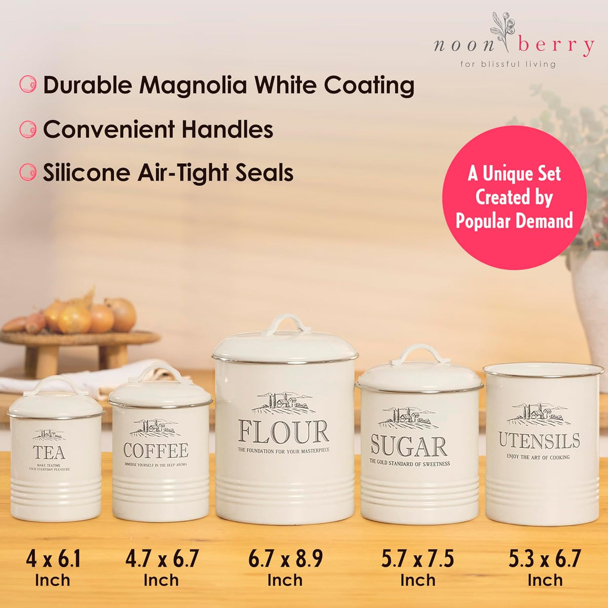 Kitchen Canisters for Countertop – Set of 5 White Canister Sets for the Kitchen Counter - Sugar and Flour Airtight Containers - Rustic Farmhouse Storage