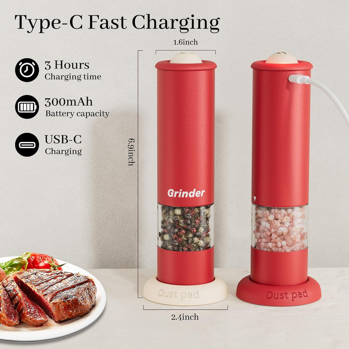 Electric Salt and Pepper Grinder Set, USB Rechargeable Adjustable Coarseness Automatic Salt Pepper Mill Shakers/Grinder Kitchen Spice Mill for Outdoor, Home Chefs, New House Warming Gifts
