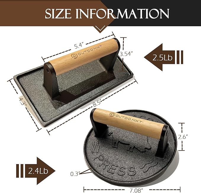 Cast Iron 7" & 8.5" X 4.3" Smash Burger Press, Heavy Duty Burger Smasher with Wooden Handle and Silicone Protective Cover for Griddle,Grill Press for Hamburger, Bacon, Barbecue Grilling Tool