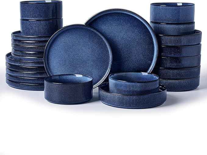 Famiware Star Dinnerware Set with Pasta Bowls, Service for 6 (24 Pieces), Ribbed Stoneware Plates and Double Bowls Sets - Chip & Scratch Resistant, Microwave & Dishwasher Safe Dishes, Nebulas Blue
