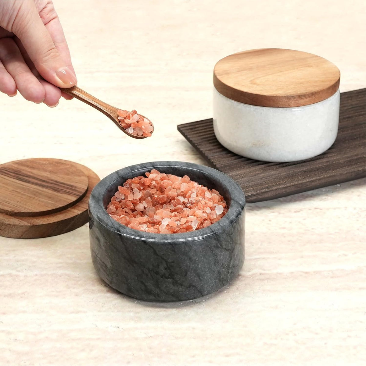 Marble Salt Cellar with Acacia Wood Lid and Spoon – 4-inch Salt Box with Spoon Slot, Kitchen Spice Container for Salt, Sugar, or Spices (Grey)