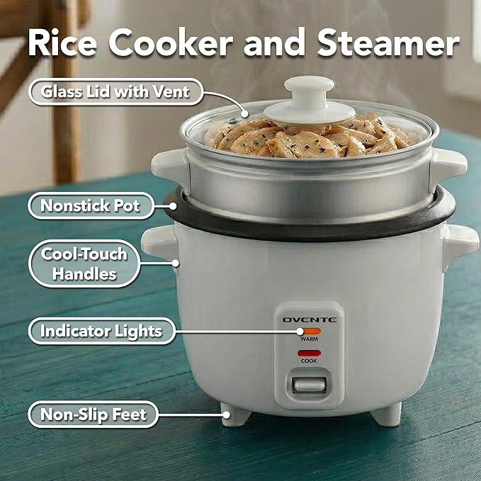 OVENTE Electric Rice Cooker and Food Steamer – 10-Cup Cooked Capacity (5 Cups Uncooked), Nonstick Removable Pot, Keep Warm Function, Steaming Basket, Measuring Cup & Spatula Included, White RCS01W