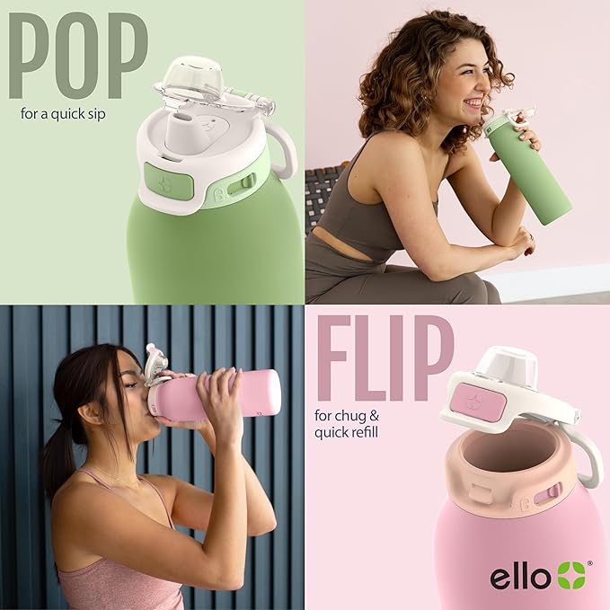 Ello Pop & Fill 32oz Stainless Steel Water Bottle with QuickFill Technology, Double Walled and Vacuum Insulated Metal, Leak Proof Locking Lid, Straw and Chug, Reusable, BPA Free, Pink Gingham