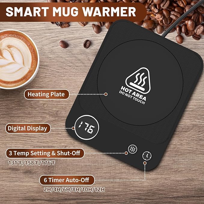 Mug Warmer, Electric Coffee Warmer with 3 Temp Settings, 2-12H Auto-Shutoff Coffee Mug Warmer for Home/Office Desk, Smart Cup Warmer for Milk Tea/Hot Drinks, Candle Warmer Plate (No Cup Included)