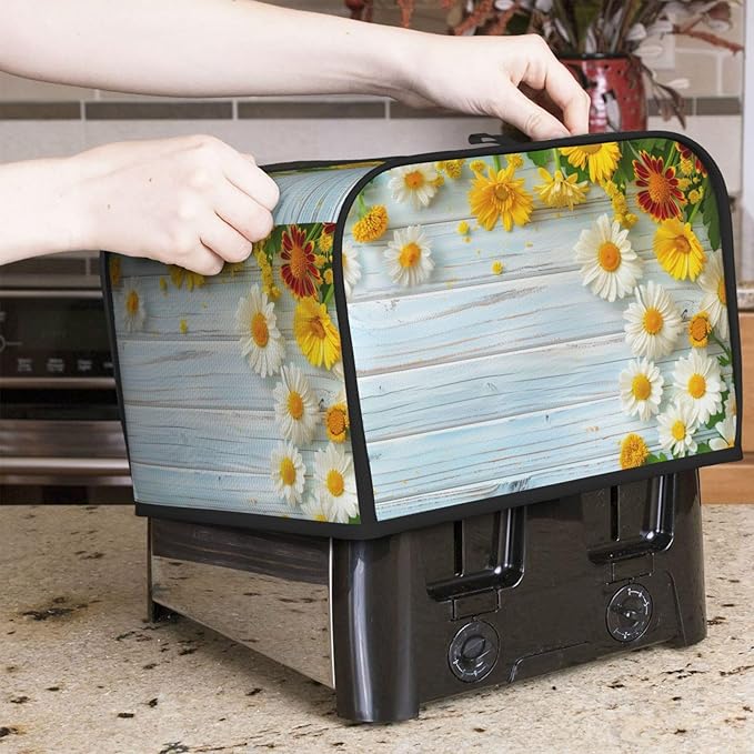 Spring Daisies Wooden Covers for 4 Slice Toasters,Cute Country Bread Machine Cover with Handle,Washable Stain Resistant Kitchen Small Appliance Cover Dining Decor