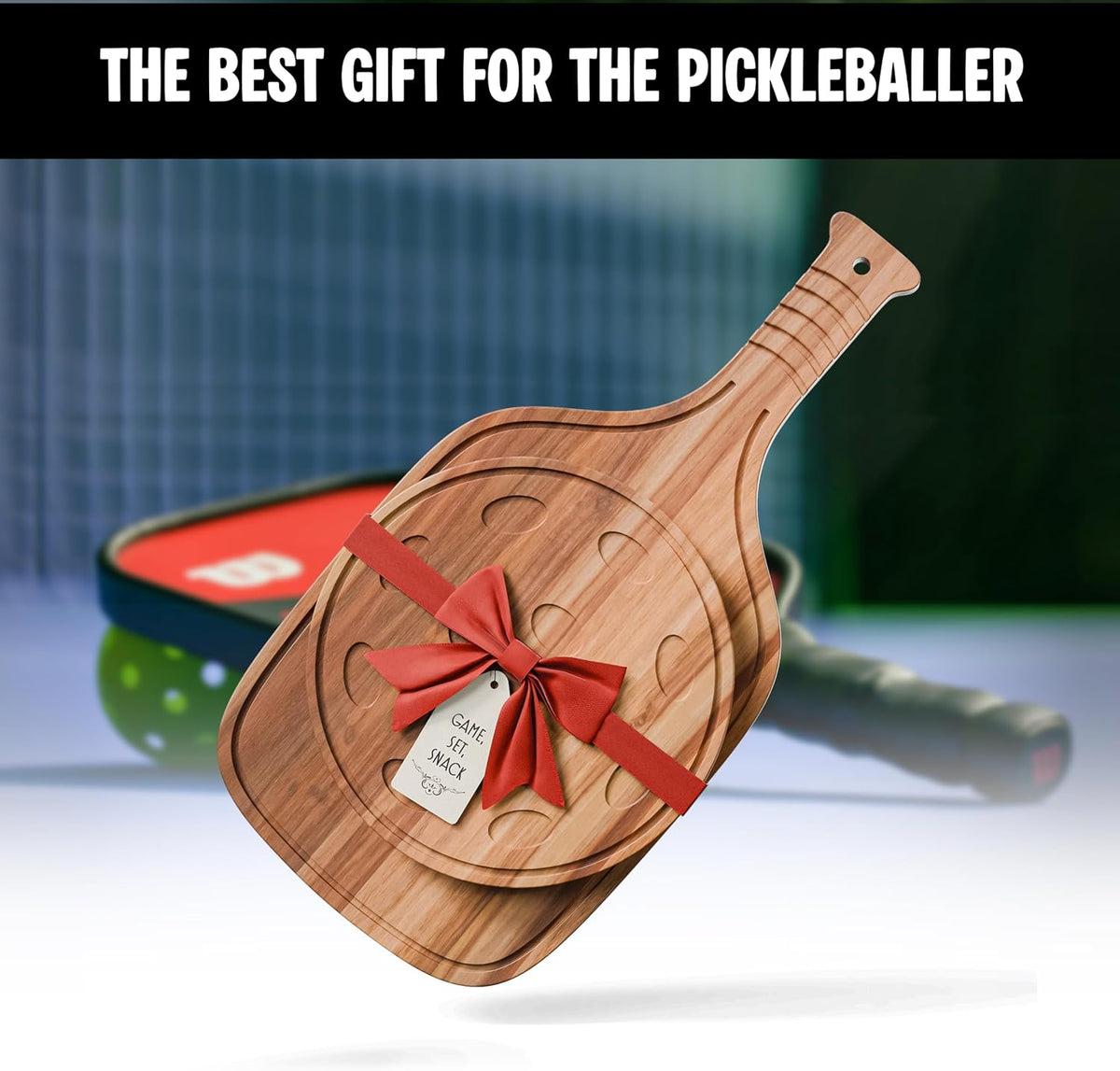 New – Set of Pickleball Paddle & Ball Charcuterie Board Set – Acacia Wood Cheese & Cutting Board (16.9” x 8.1”) Pickleball Gifts for Men/Women, Pickle Ball Plates, Pickle Ball Accessories