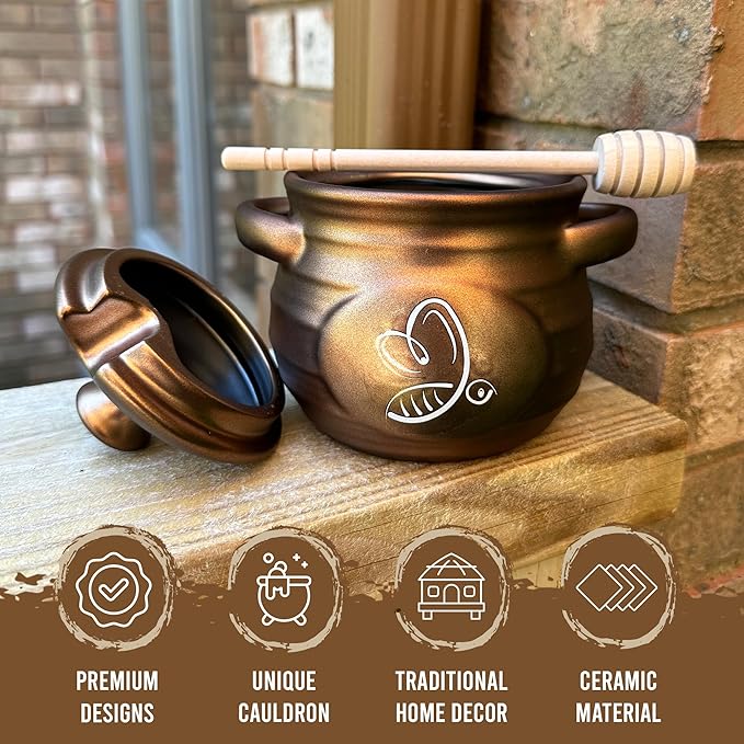 Ceramic Honey Pot, Honey Container with Dipper, Metallic Neutral Color Honey Jar, Honey Dispenser, Ceramic Pot, Stylish Honey Storage for Rustic, Modern, Home and Farmhouse Kitchen Decor