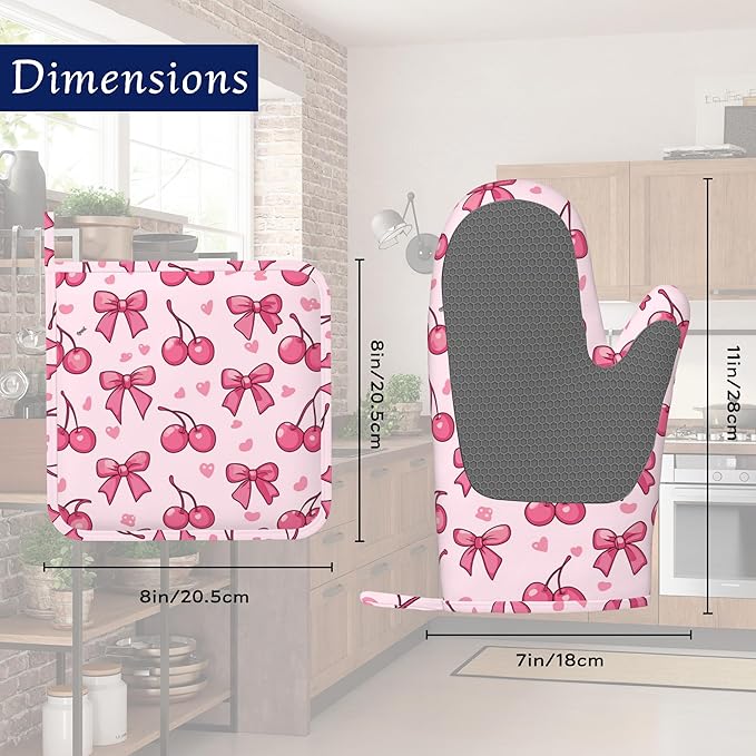 Cute Bows Cherry Oven Mitts and Pot Holders Sets of 4 Pink Love Heart Heat Resistant Silicone Oven Mits Gloves Non-Slip Kitchen Mittens Potholders for Cooking Baking Grilling BBQ