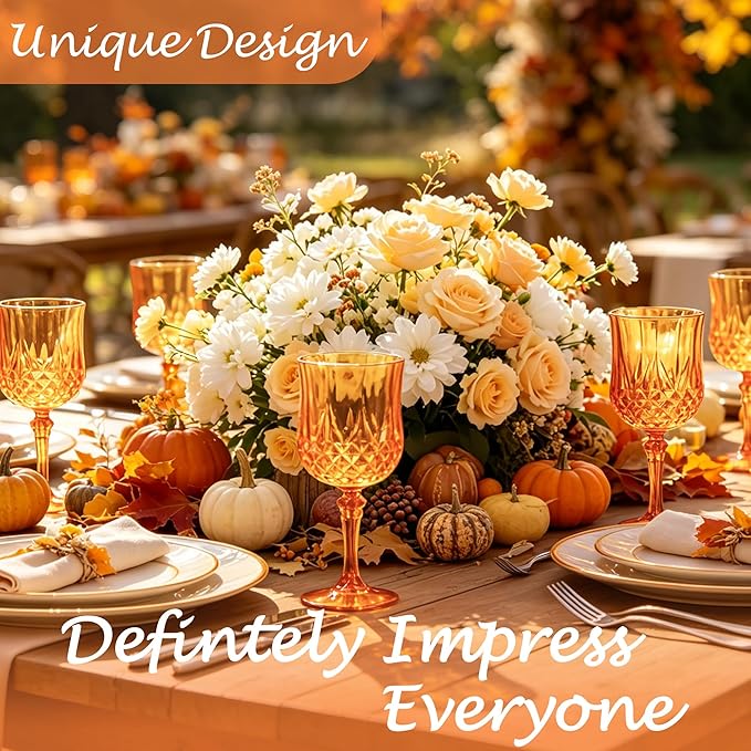 Plastic Wine Glasses, Plastic Goblets Vintage Style Cordial Unbreakable Drinking Glasses, Reusable Drinkware for Wedding Reception, Grand Event Party Supplies (48, Pumpkin orange)
