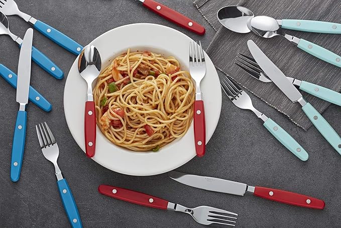 ANNOVA Silverware Set, Retro/Rivet Colorful Stainless Steel Tableware Kitchen Flatware Set Utensils, Includes Dinner Knives, Forks, Spoons & Dessert Spoons (Turquoise, 24 Pieces)
