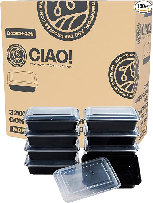 CIAO! Heavy Weight 32oz Injection Molded Microwavable Black Rectangular Food Container with Lid (150/case)