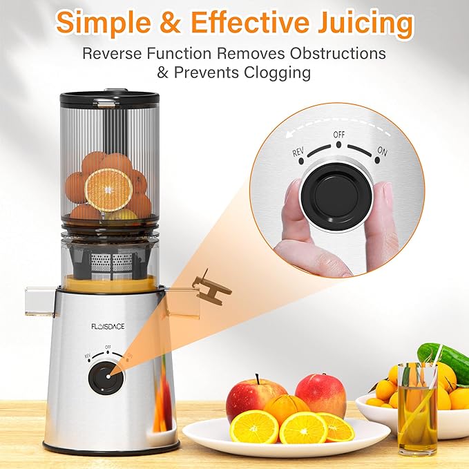 Cold Press Juicer, Masticating Juicer with Large Feed Chute Fit Whole Fruits & Vegetables，Stainless Steel Slow Masticating Juicer Easy to Clean, 99.6% Juice Purity, Metallic Silve