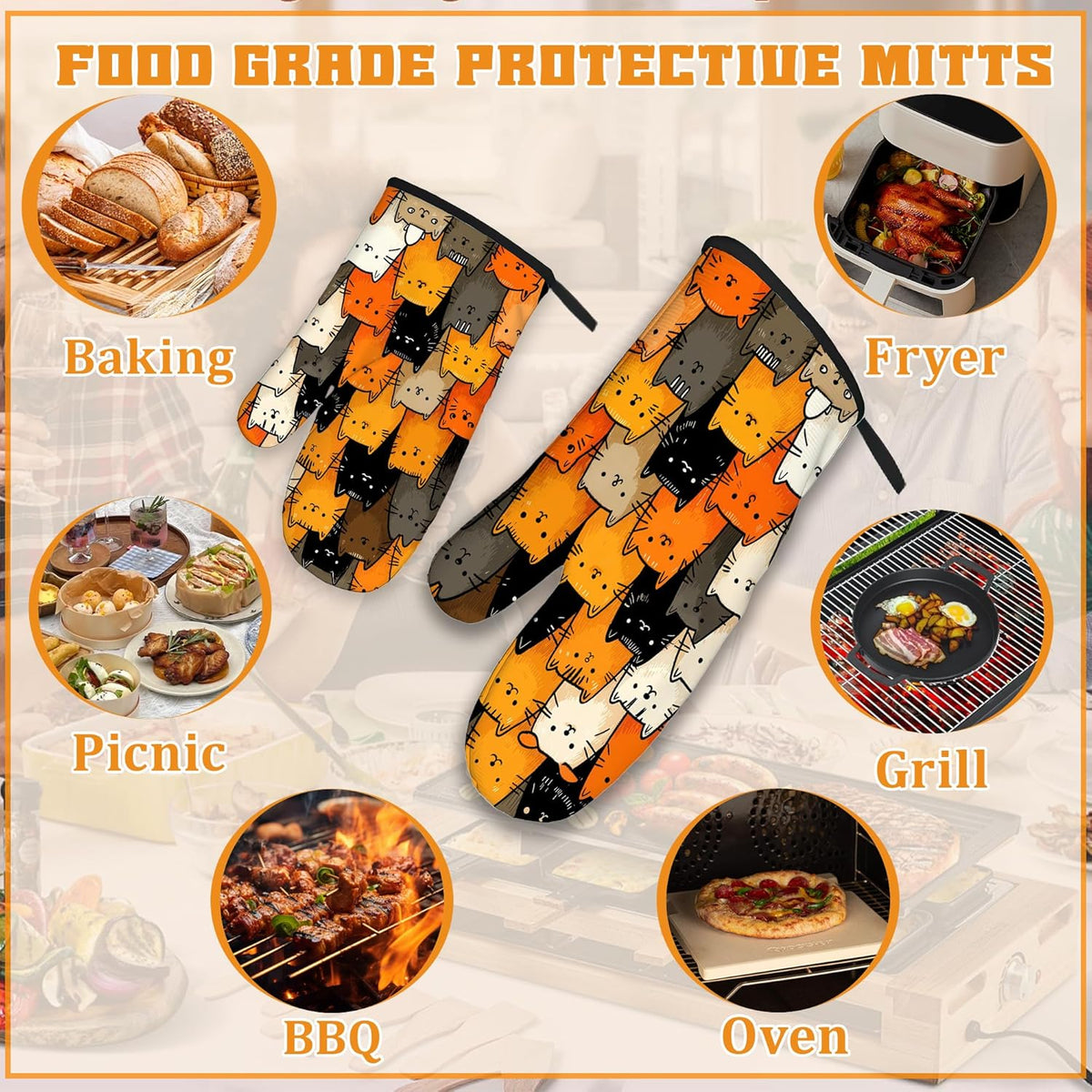 Funny Cute Cat Oven Mitts and Pot Holders Set,Kitchen Decor Heat Resistant Non Slip Hot Pads and Oven Mitt for Chef Cooking Baking BBQ Mom Girl Gifts(4 Piece Set)