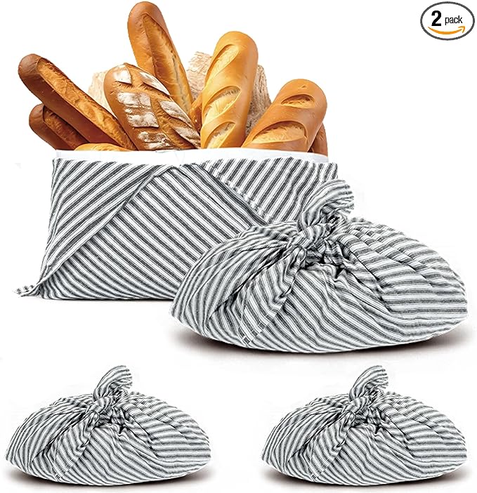 2 Pack Beeswax Bread Bags, Striped Linen Bento Bags, 14" Cotton Loaf Bag, Reusable Organic Food Storage, Sourdough Bag, Rustic Farmhouse Azuma Bukuro Origami Wrap for Baked Gifts (Navy Blue, 2)