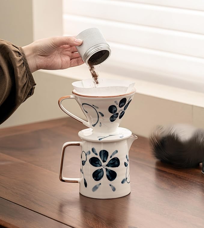 Pour Over Coffee Maker,Ceramic Coffee Maker With 40 pcs Paper Filter，15oz/450ml Pour Over Coffee Dripper (Blue and white, V02)