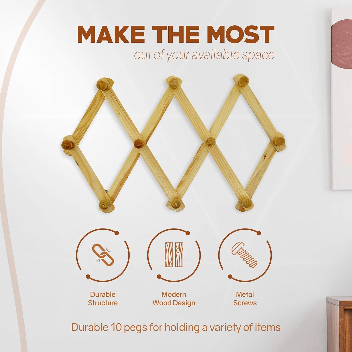 RAM-PRO Accordion Style Wood Expandable Rack Hat, Cap, Belt, Umbrella Coffee Mug Wall Wooden Pegs
