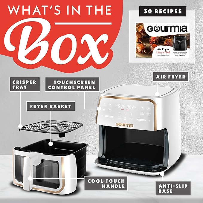 Gourmia 8 Qt Air Fryer, 8 Presets with Digital Display, FryForce 360° Technology, Easy View Window & Interior Light, Dishwasher Safe Basket, White