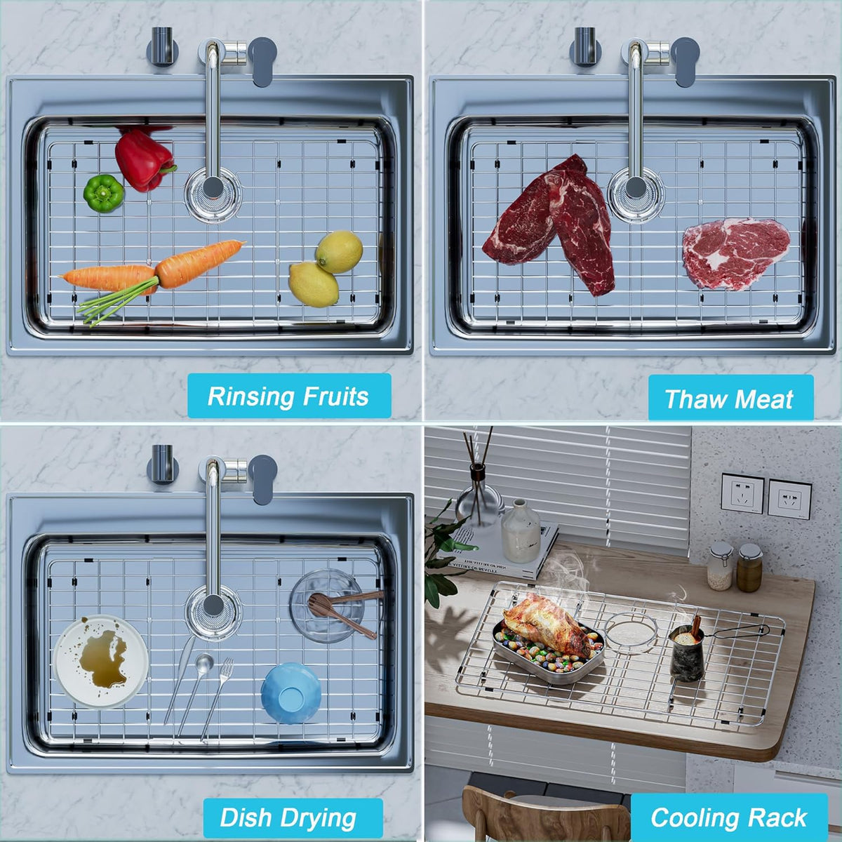 iPEGTOP Sink Bottom Grid, 3-Piece Stainless Steel Sink Protector 26-1/8" x 14-1/8" Rear Drain Hole, Sink Grate Sink Rack for Bottom of Kitchen Sink Single Sink Bowl with Sink Hole Cover