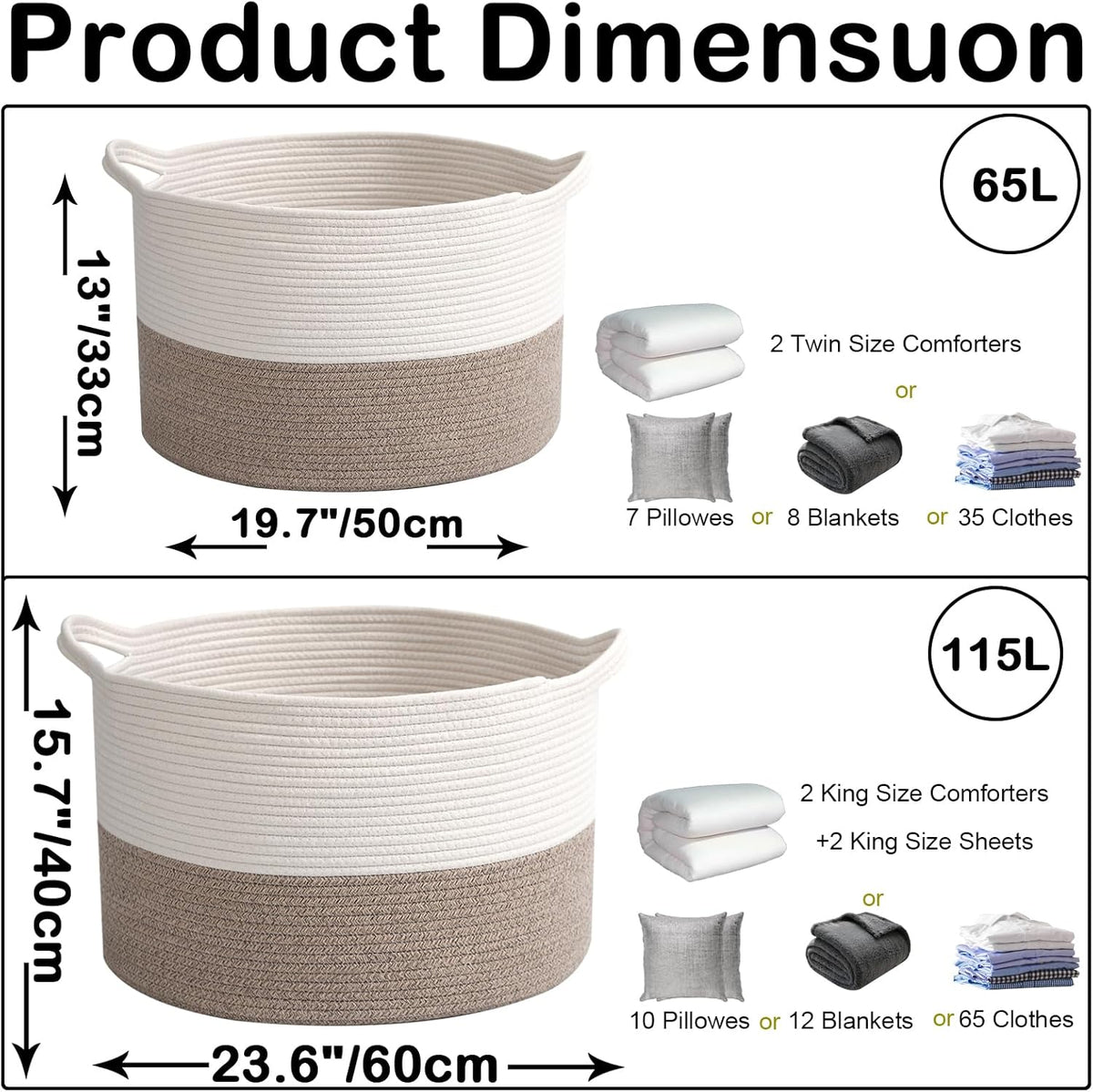 Large Blanket Basket for Organizing,65L Closet Organizers and Storage Bins Box for Shelves Woven Rope Storage Baskets,Living Room,Bedroom,Dorm,Laundry room (White&Brown)