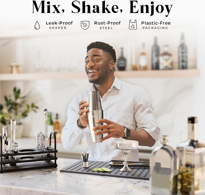 BARE BARREL® Mixology Bartender Kit Bar Set | 14-Piece Cocktail Shaker Set | Martini Barware Mixing Tools for Home Bartending | 35 Recipe Cards | Gift Set (28oz Boston Shaker, Silver/Black)