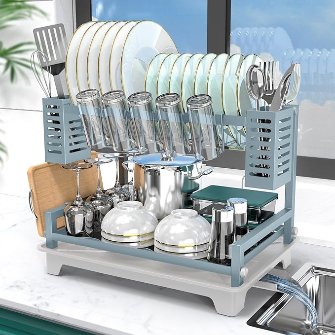 B-Land Dish Drying Rack, 2 Tier Dish Racks for Kitchen Counter, Large Dish Drying Rack with Drainboard & Utensil Holders, Rust-Proof Dish Drainers,Kitchen Organization