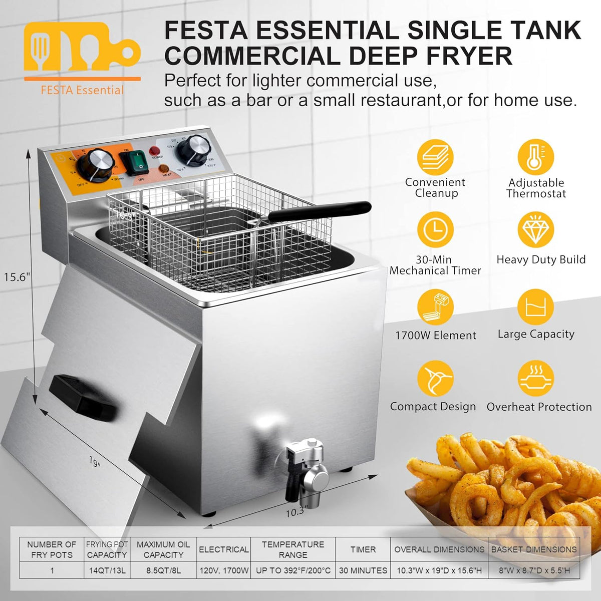 14 Qt. Electric Countertop Commercial Deep Fryer with 6.8 Qt. Basket, for Restaurant and Home - 120V, 1700W, Stainless Steel Build