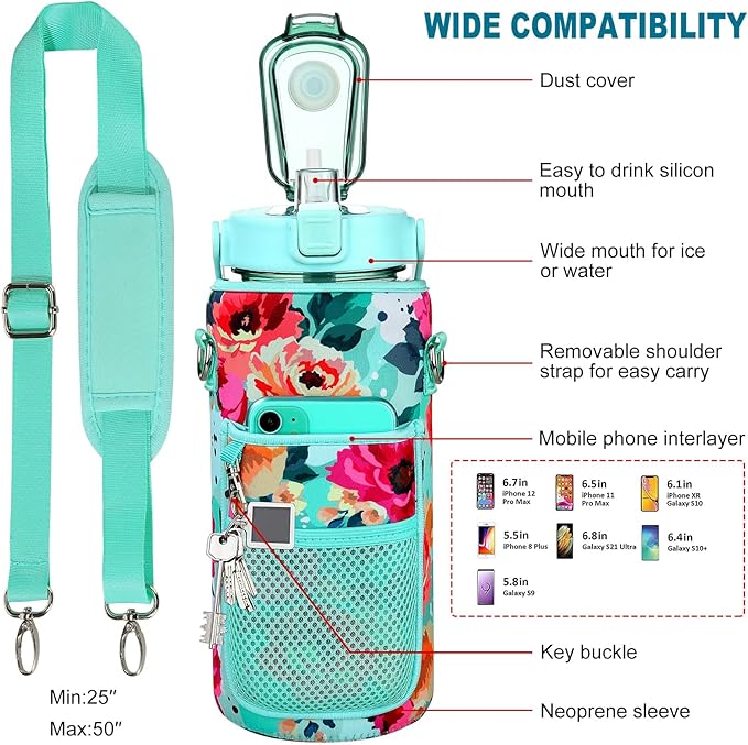 Half Gallon Water Bottle with Sleeve, 64OZ Motivational Water Bottle with Straw & Time Marker, BPA Free Leakproof Large Sports Water Bottle, Reusable Water Jug for Workout Gym Sport