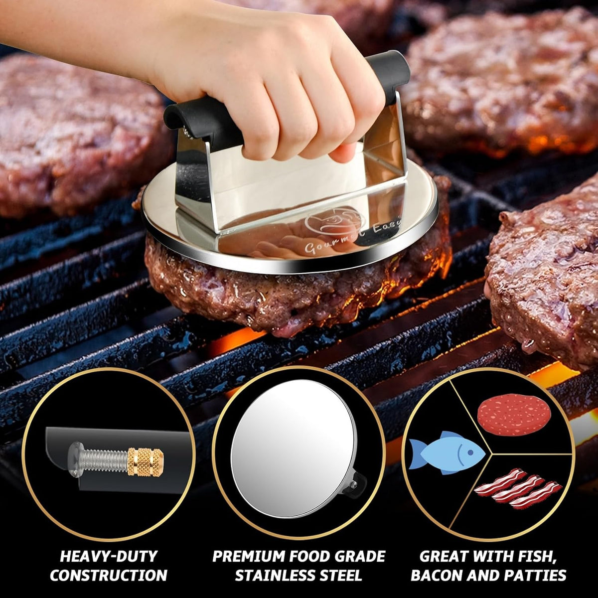 2lb Smash Burger Press Stainless Steel, Burger Smasher for Griddle Heat Resistant Handle, Hamburger Press, Dishwasher Safe Grill Press for Griddle, Meat Press Griddle Press for Flat Top Grill Cooking