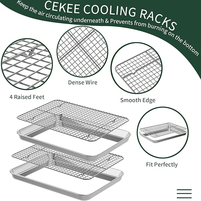 Quarter Sheet Pan with Cooling Rack Set [2 Baking Sheets + 2 Baking Racks], CEKEE Stainless Steel Cookie Sheets for Baking and Wire Rack - Rust & Warp Resistant & Nonstick, Size 12 x 9.8 x 1 Inch