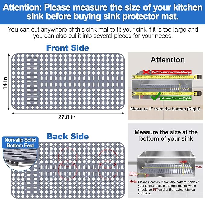 ARLBA Upgraded Silicone Sink Mat 28"x14" Sink Protectors for Kitchen Sink with Rear Drain/Center Drain,Sink Rack for Bottom of Sink, Kitchen Sink Mats for Bottom of Stainless Steel/Porcelain Sink