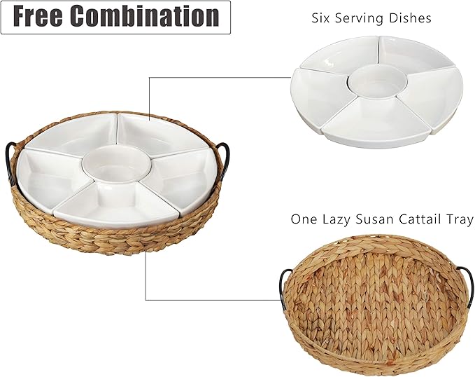 Ceramic Serving Tray, Food Tray 15.5 x 15.5 Inches,Divided Serving Platter with 6 Removable Dishes, Portable Handle Cattail Serving Bowls,Perfect for or Chips and Dip,Natural