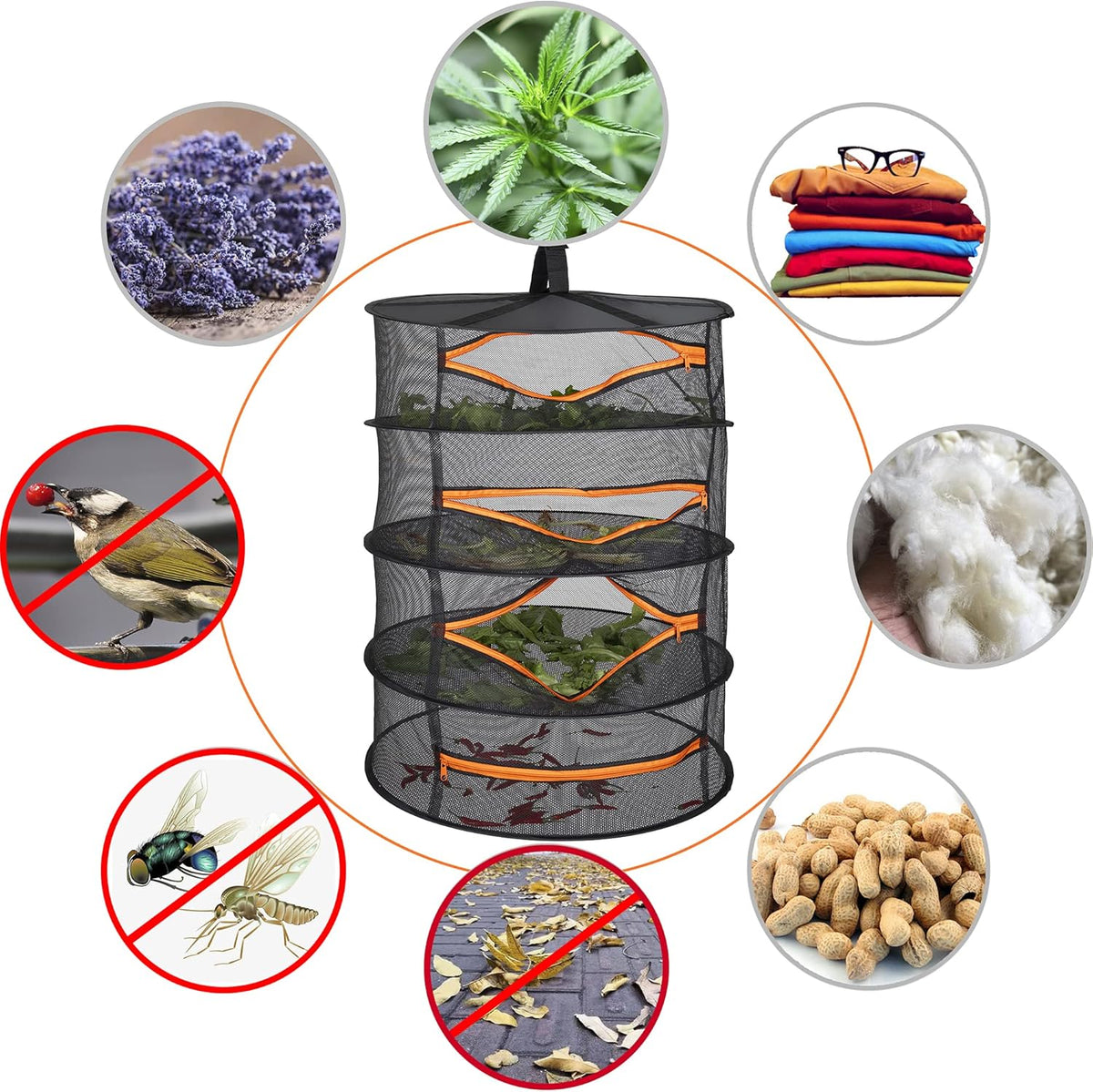 Desy & Feeci Herb Drying Rack-2ft Diameter 4 Layer Folding Mesh Hanging Basket Dryer Net with Zippers for Seeds Flowers Buds Plants Garden Outdoor Bumper Harvest(D24xH31 inch)