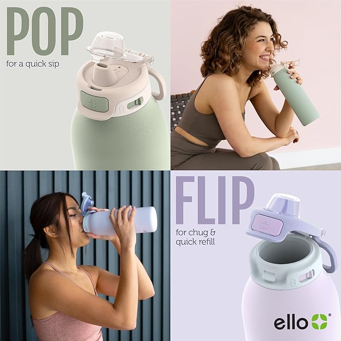 Ello Pop & Fill 22oz Stainless Steel Water Bottle with Quick Fill Technology, Double Walled and Vacuum Insulated Metal, Leak Proof Locking Lid, Sip and Chug, Reusable, BPA Free, Black