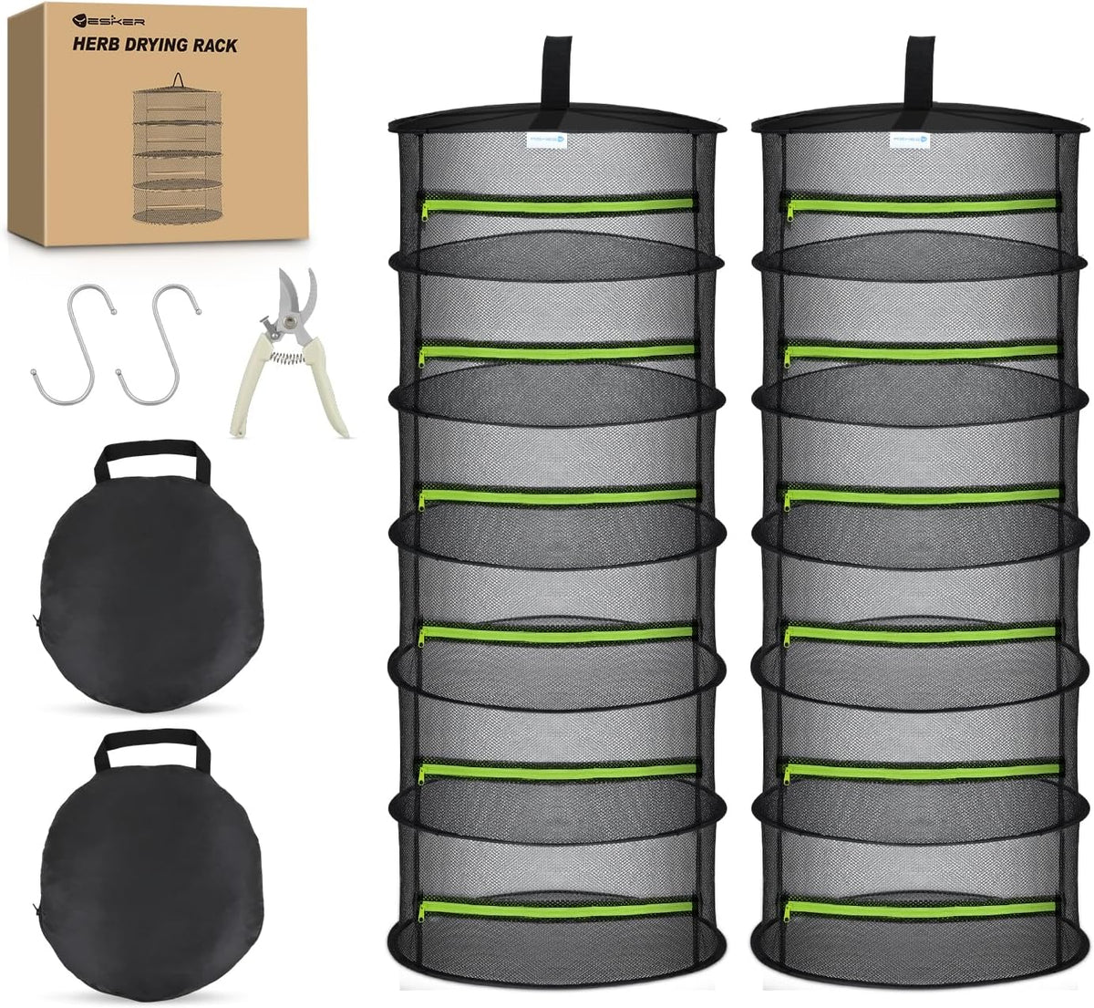 Yesker 6 Layer Herb Drying Rack Hanging Mesh Net Foldable Plant Drying Racks 24" w Green Zipper Pruning Shears Dryer Hanging Rack for Herbs Seed Bud Fruit Clothes Grow Tent Closet Garden Outdoor 2 PCS
