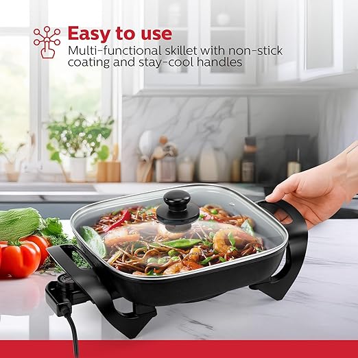 Holstein Housewares 12-Inch Electric Skillet - 1400W Electric Pan with Adjustable Temperature Control, PFOA-Free Non-Stick Coating, Cool-Touch Handles, Multi-Function Cooker, Black