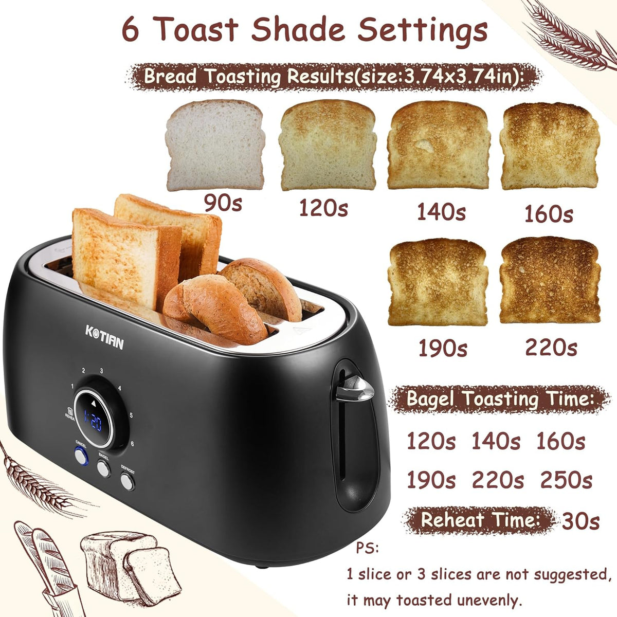 Toaster 4 Slice,KOTIAN Retro Long Slot Toasters with Countdown Timer,Stainless Steel Toaster,Bagel,Defrost,Reheat,Cancel Functions,Extra Wide Slots,6 Toast Settings,Removable Crumbs Tray,Matte black