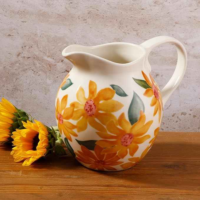 Bloomhouse Pitcher & Vase Hand-Painted Sunnyflower 2.6-Quart Stoneware